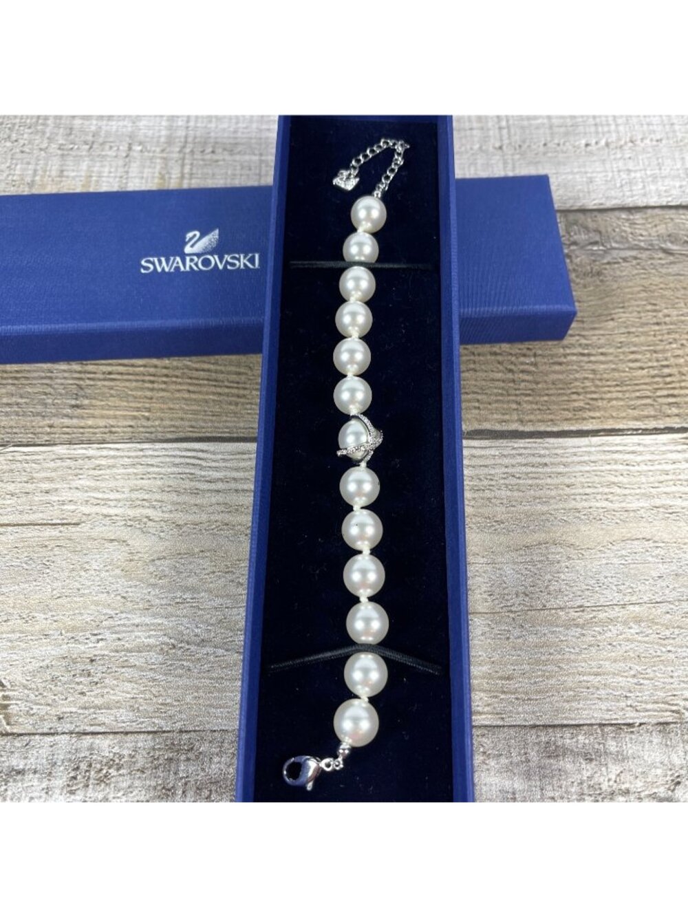 Pearl Bead Bracelet Swarovski Crystal Pavé Ring Rhodium Retired Nude Collection - Picture 5 of 16